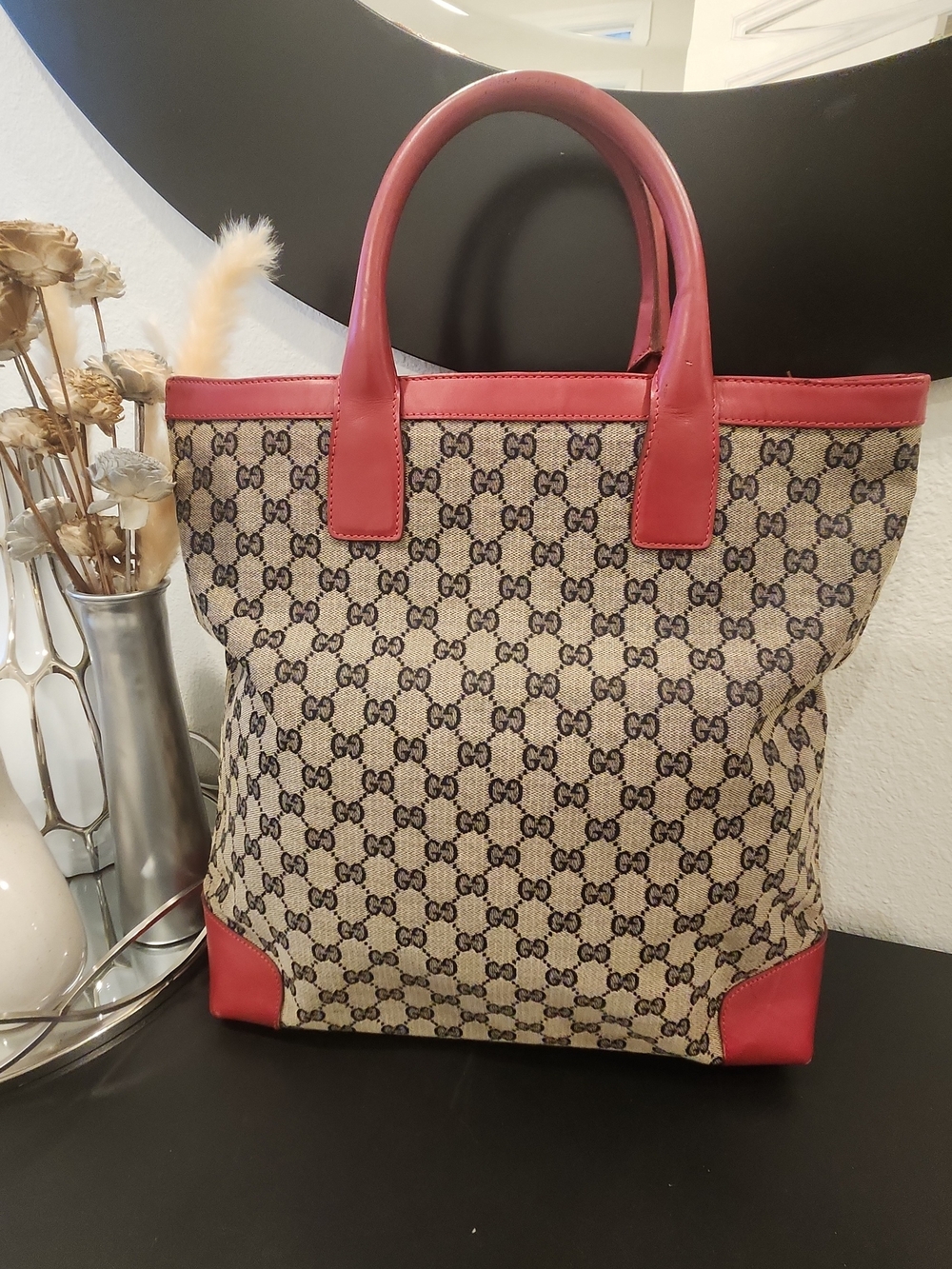 Gucci Black, Beige GG Canvas Tote with Red Leather Trim